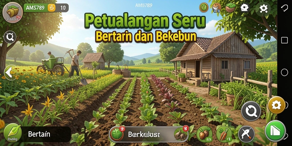 Tampilan antarmuka permainan AMS789 yang menampilkan lahan pertanian yang subur.