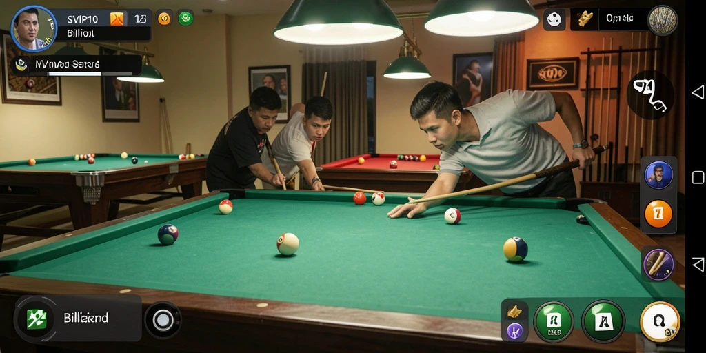 Antarmuka permainan billiard SVIP10 yang menarik dan intuitif.